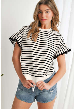 Black Stripe Scallop Lace Trim Ruffle Short Sleeves Crewneck Top