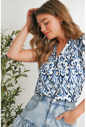 Sky Blue Boho Abstract Print Pintuck Detail Ruffled Top