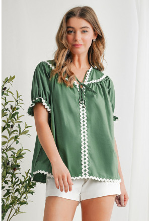 Mist Green Ric Rac Trim Tie Split Neck Short Sleeve Blouse