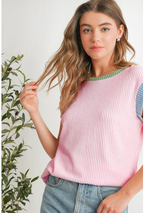 Pink Color Block Corded Knit Crew Neck Tee