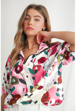 Pink Floral Print Slit V Neck Short Sleeve Blouse