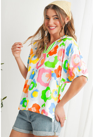 Floral Print Slit V Neck Short Sleeve Blouse