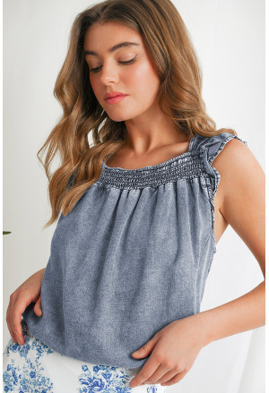 Ashleigh Blue Ruffled Shirred Neckline Sleeveless Denim Tank Top