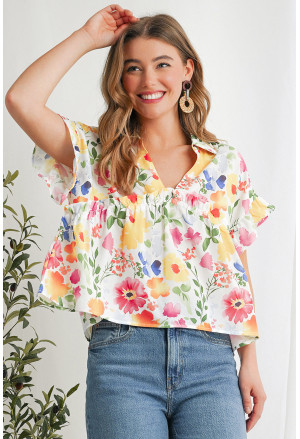 Floral Print Slit V Neck Short Sleeve Blouse