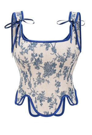Blue floral linen Renaissance corset with straps 