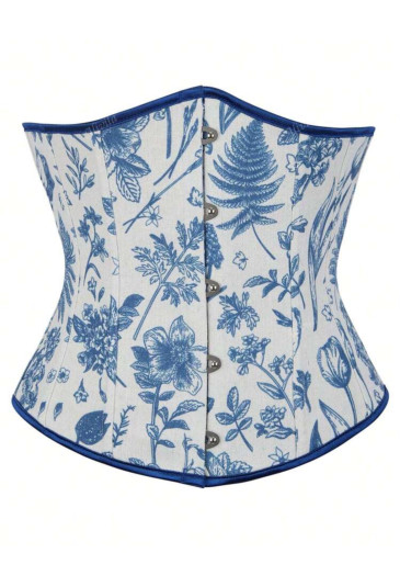 Blue floral linen Renaissance underbust corset 