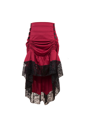 Vintage Gothic Wine-Red High Waist Button Lace Trim Ruffled High-Low Skirt