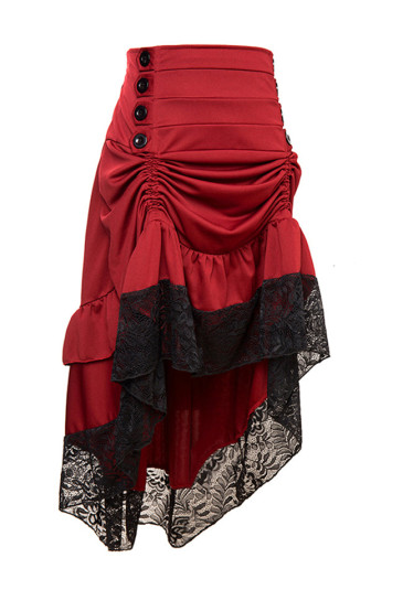 Vintage Gothic Wine-Red High Waist Button Lace Trim Ruffled High-Low Skirt