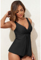 Black Crossed V Neck Adjustable Strap Babydoll Tankini Top