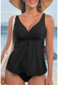 Black Crossed V Neck Adjustable Strap Babydoll Tankini Top