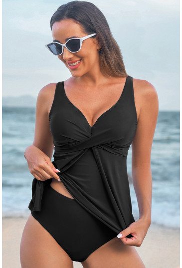 Black Crossed V Neck Adjustable Strap Babydoll Tankini Top