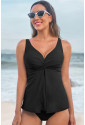 Black Crossed V Neck Adjustable Strap Babydoll Tankini Top