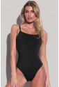 Black Thin Strap Strappy Lace-up Open Back One Piece Swimsuit