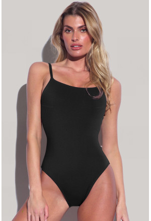 Black Thin Strap Strappy Lace-up Open Back One Piece Swimsuit
