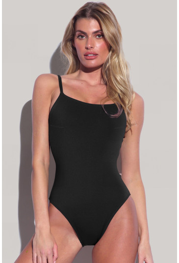 Black Thin Strap Strappy Lace-up Open Back One Piece Swimsuit