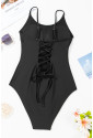Black Thin Strap Strappy Lace-up Open Back One Piece Swimsuit