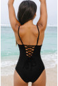 Black Thin Strap Strappy Lace-up Open Back One Piece Swimsuit