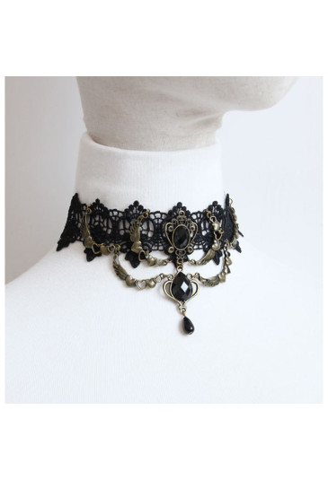 Elegant Vintage Lace Necklace with Black Gem & Pearl Accents | Adjustable Chain