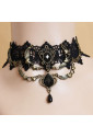 Elegant Vintage Lace Necklace with Black Gem & Pearl Accents | Adjustable Chain
