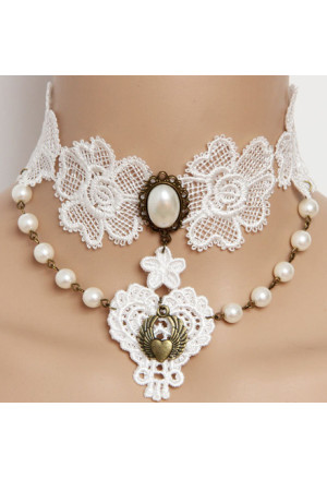 Vintage Gothic Victorian White Lace Pearl Wedding Necklace