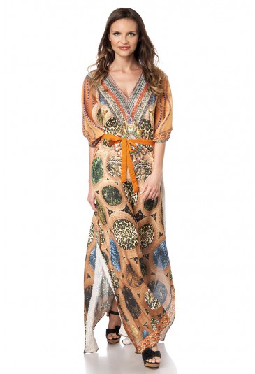 Colorful summer kaftan maxi dress with rhinestones 