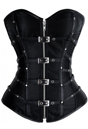 Leather and Satin Buckle-up Zipper Corset 