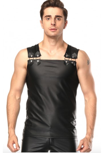 Mens Black Sleeveless Faux Leather Undershirt Vest 