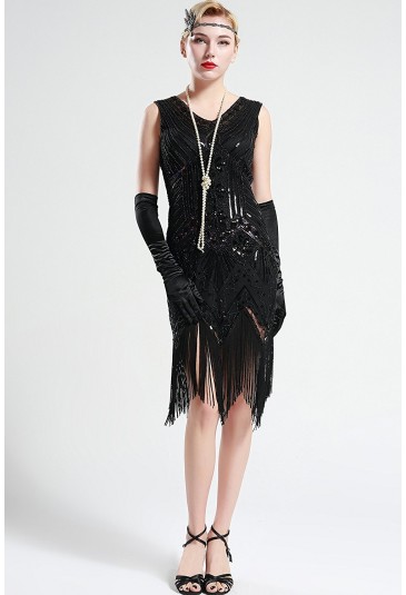 1920s Sleeveless V Neck Sequin Inspired Cocktail Fringed Flapper Dress 