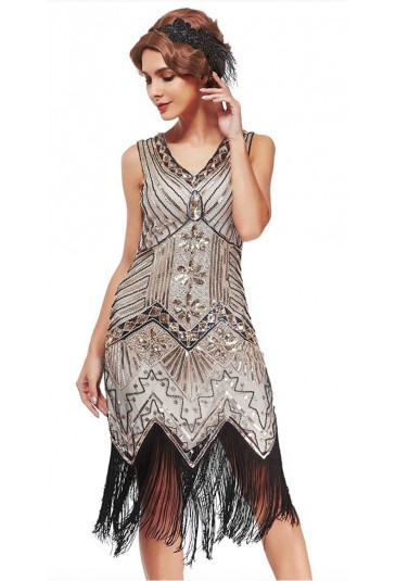 1920s Sleeveless V Neck Sequin Inspired Cocktail Fringed Flapper Dress 