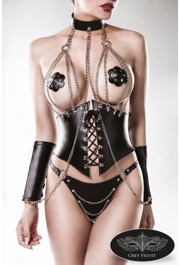 Premium irresistible black wetlook underbust corset chains lingerie set GREY VELVET