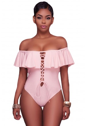 Pink Ruffle Off-The-Shoulder One Piece Swimsuit