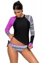 Contrast Purple Detail Long Sleeve Tankini Swimsuit