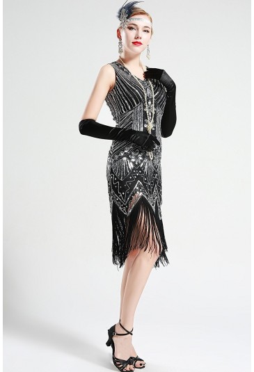 1920s Sleeveless V Neck Sequin Inspired Cocktail Fringed Flapper Dress 