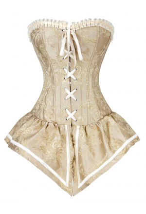 Retro Royal Yellow Jacquard Brocade Lace-up Overbust Corset with Skirt