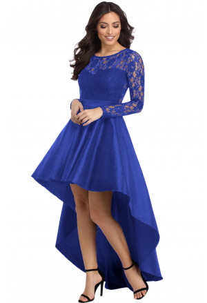 Blue Long Sleeve Lace High Low Satin Prom Dress
