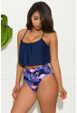 Blue Leaf Ruffle Top High Waist Bikini Swimsuit