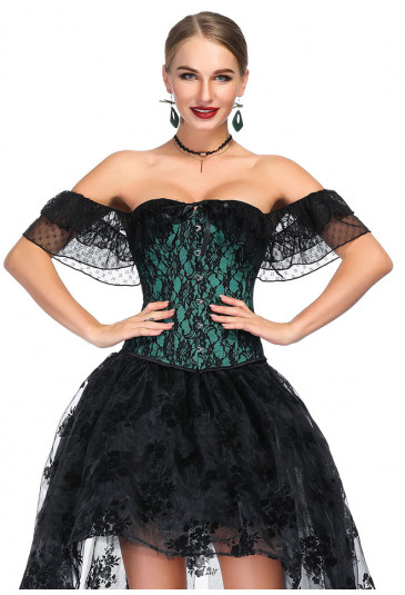 Victorian Gothic Off Shoulder Green Floral Lace Corset with Sleeves