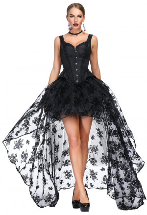 Vintage Black Shoulder Straps Jacquard Overbust Corset 