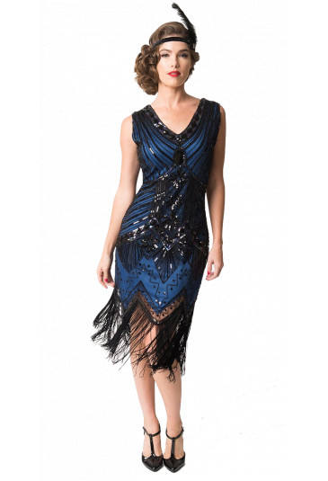 1920s Sleeveless V Neck Sequin Inspired Cocktail Fringed Flapper Dress 