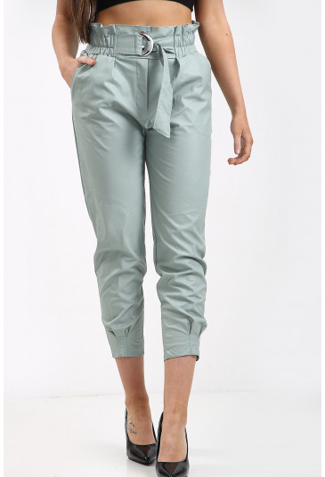 Faux leather High-Waisted Belted Trousers 