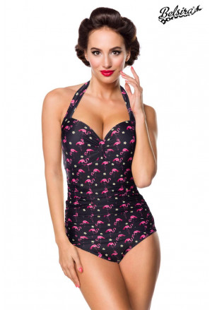 Vintage one-piece swimsuit with flamingo pattern