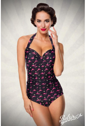 Vintage one-piece swimsuit with flamingo pattern