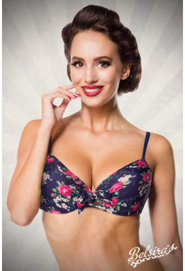 Vintage blue swim bra with flower pattern