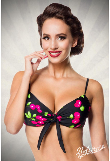 Vintage blue swim bra with cherry pattern