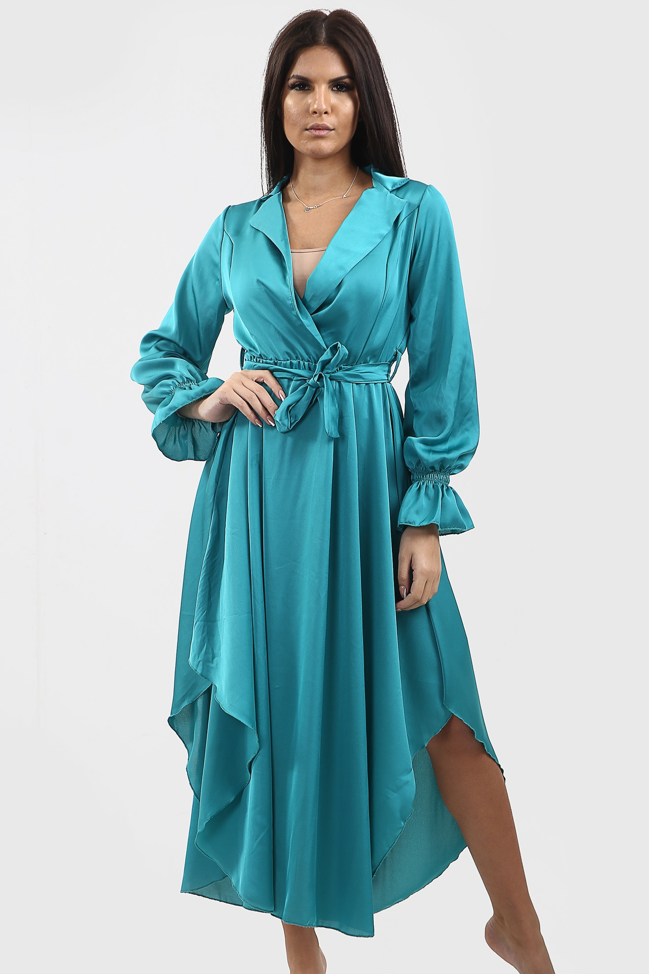 Satin turquoise wrap over long sleeve dress - SELECTAFASHION.COM