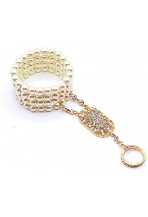 Pearl art deco vintage bracelet with rhinestone ring set