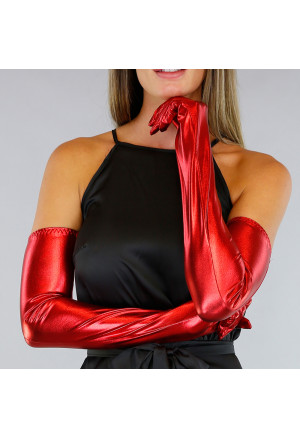 Dlhé lesklé červené PVC wetlook rukavice