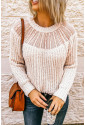 Beige Round Neck Lace Splicing Knitted Sweater
