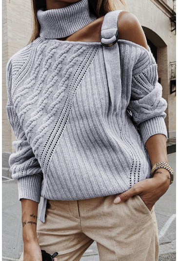 Strapped Cut out Shoulder Turtleneck Sweater