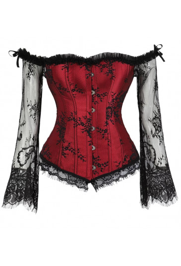Victorian Gothic Off Shoulder Red Floral Lace Corset with Sleeves